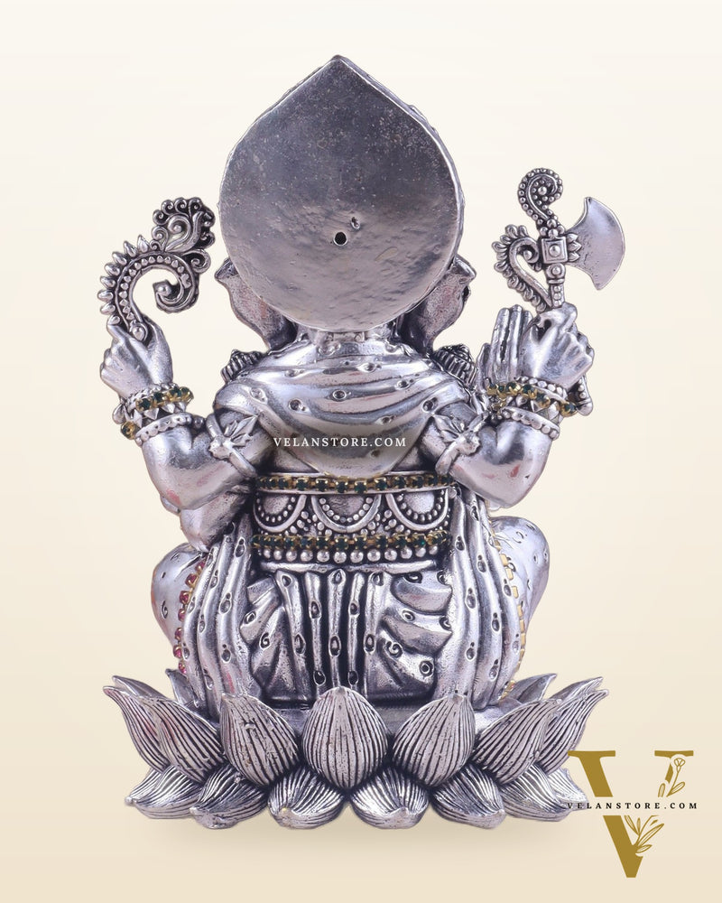 Silver plated Brass Superfine Intricately Carved Small Right trunk Ganesha Idol - 5" Tall