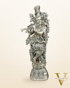 Silver Plated Krishna Statue - Superfine Brass - Handcrafted 29 inch