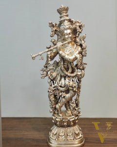 Silver Plated Krishna Statue - Superfine Brass - Handcrafted 29 inch