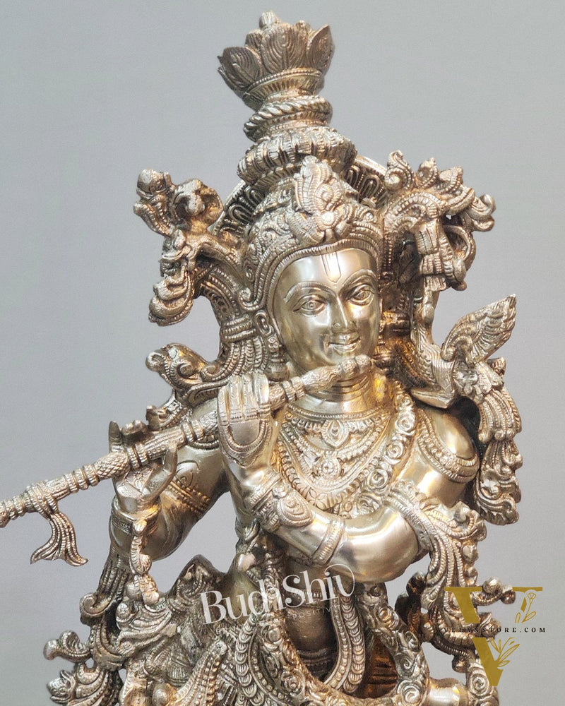 Silver Plated Krishna Statue - Superfine Brass - Handcrafted 29 inch