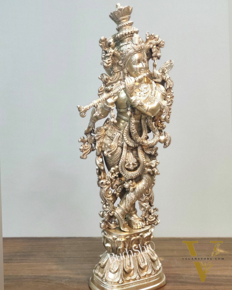 Silver Plated Krishna Statue - Superfine Brass - Handcrafted 29 inch