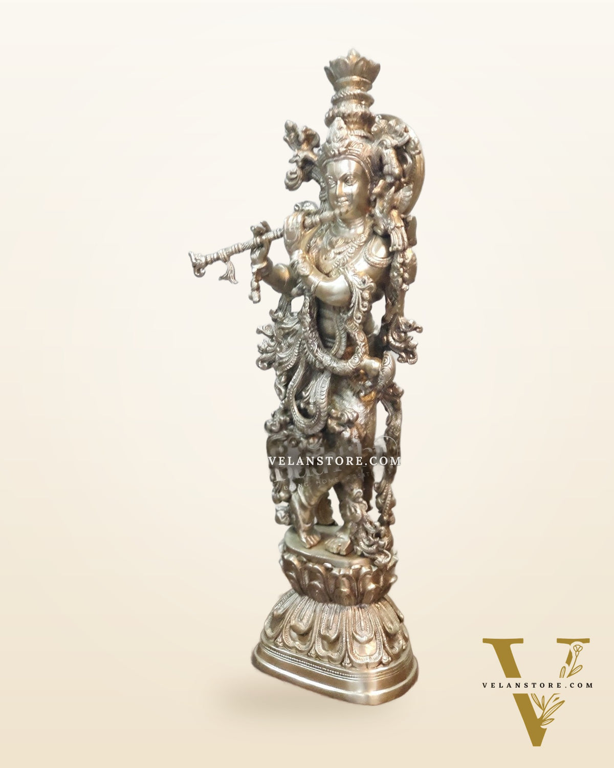 Silver Plated Krishna Statue - Superfine Brass - Handcrafted 29 inch
