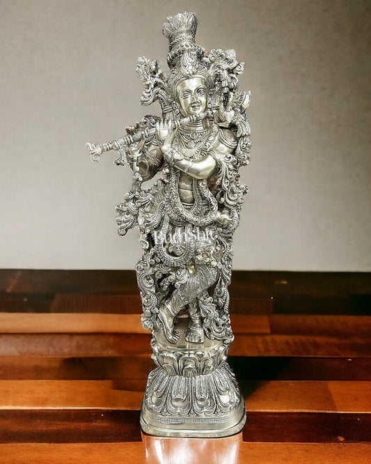 Silver Plated Krishna Statue - Superfine Brass - Handcrafted 29 inch