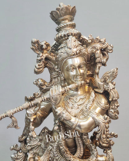 Silver Plated Krishna Statue - Superfine Brass - Handcrafted 29 inch