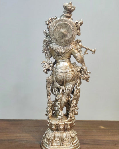 Silver Plated Krishna Statue - Superfine Brass - Handcrafted 29 inch