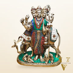 Silver plated Three faced Dattatreya guru with a cow and four dogs large sized 11 inches