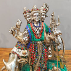 Silver plated Three faced Dattatreya guru with a cow and four dogs large sized 11 inches