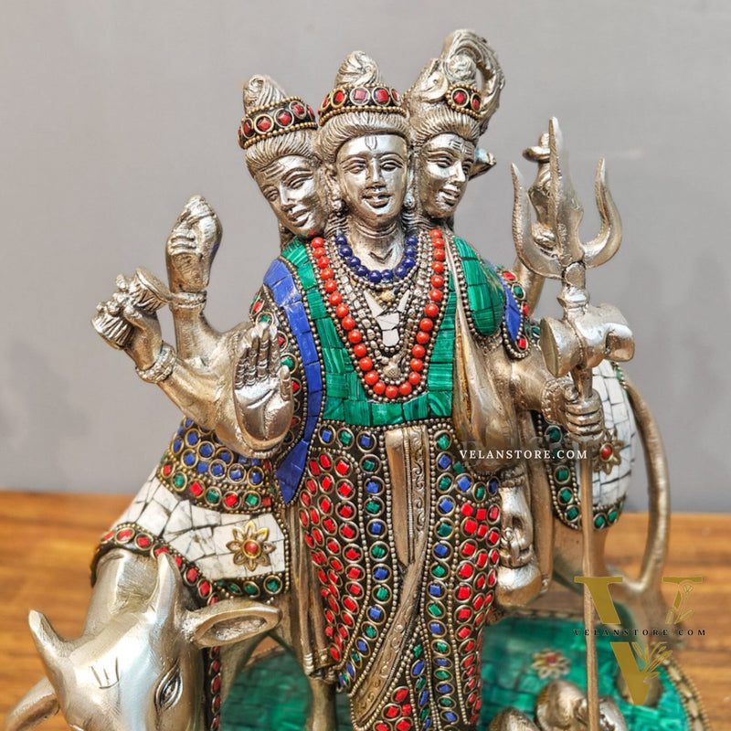 Silver plated Three faced Dattatreya guru with a cow and four dogs large sized 11 inches