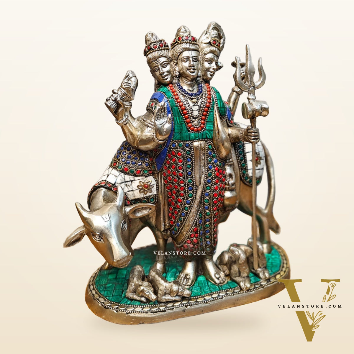 Silver plated Three faced Dattatreya guru with a cow and four dogs large sized 11 inches
