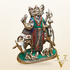 Silver plated Three faced Dattatreya guru with a cow and four dogs large sized 11 inches