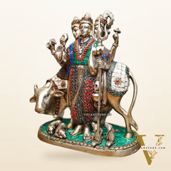 Silver plated Three faced Dattatreya guru with a cow and four dogs large sized 11 inches