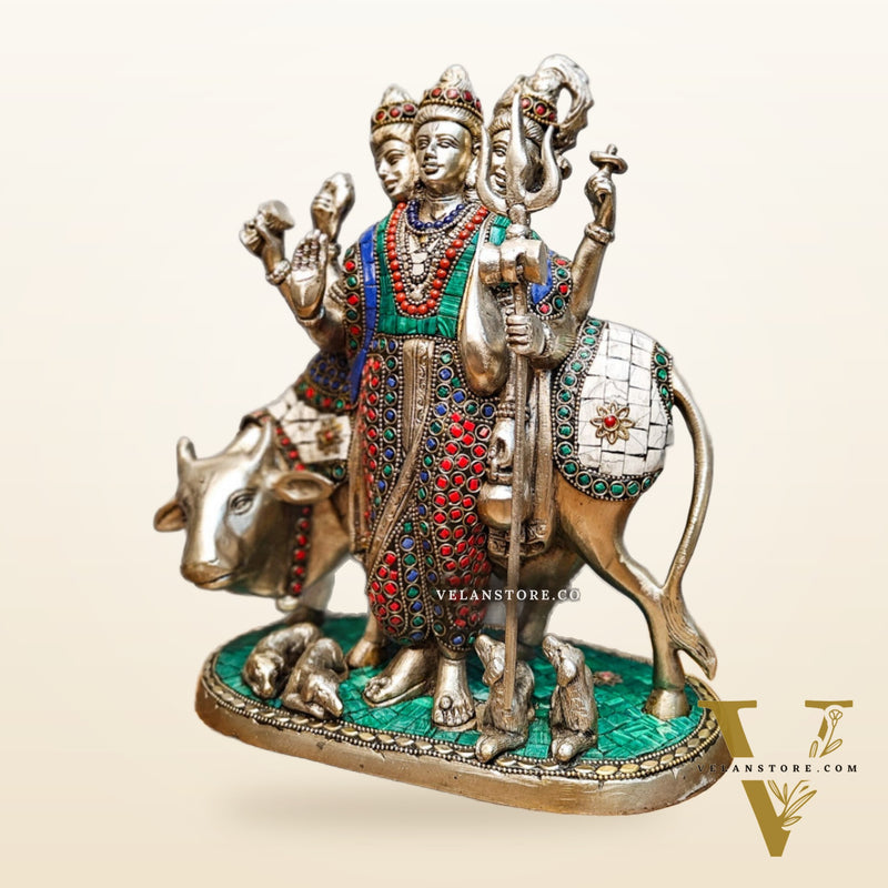 Silver plated Three faced Dattatreya guru with a cow and four dogs large sized 11 inches