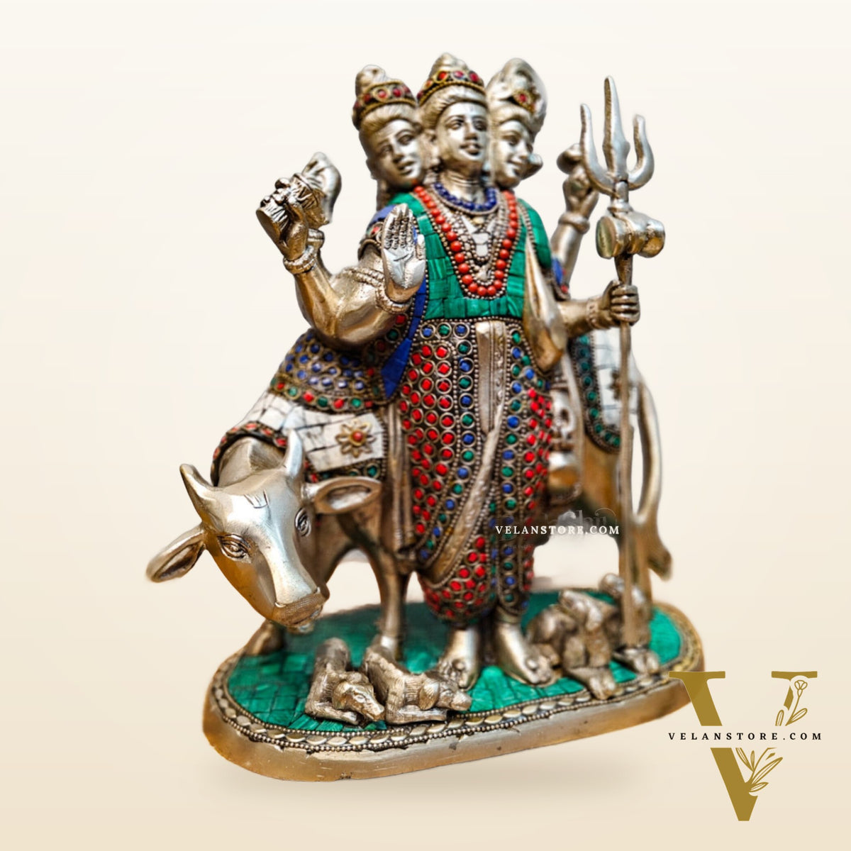 Silver plated Three faced Dattatreya guru with a cow and four dogs large sized 11 inches
