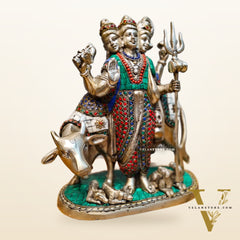 Silver plated Three faced Dattatreya guru with a cow and four dogs large sized 11 inches