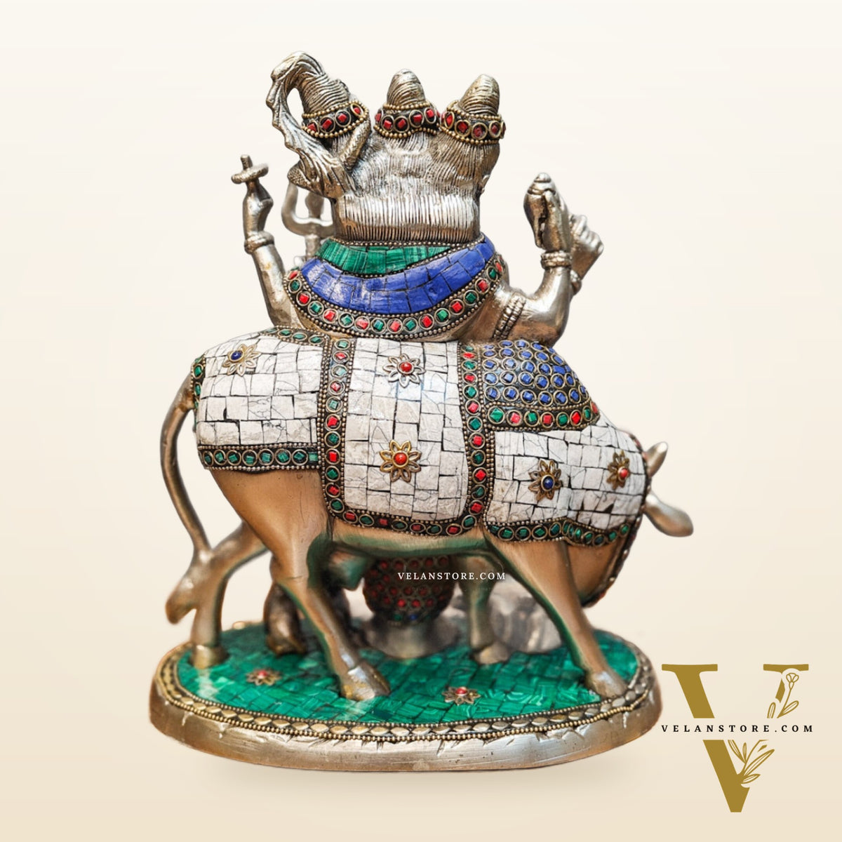 Silver plated Three faced Dattatreya guru with a cow and four dogs large sized 11 inches