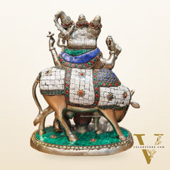 Silver plated Three faced Dattatreya guru with a cow and four dogs large sized 11 inches