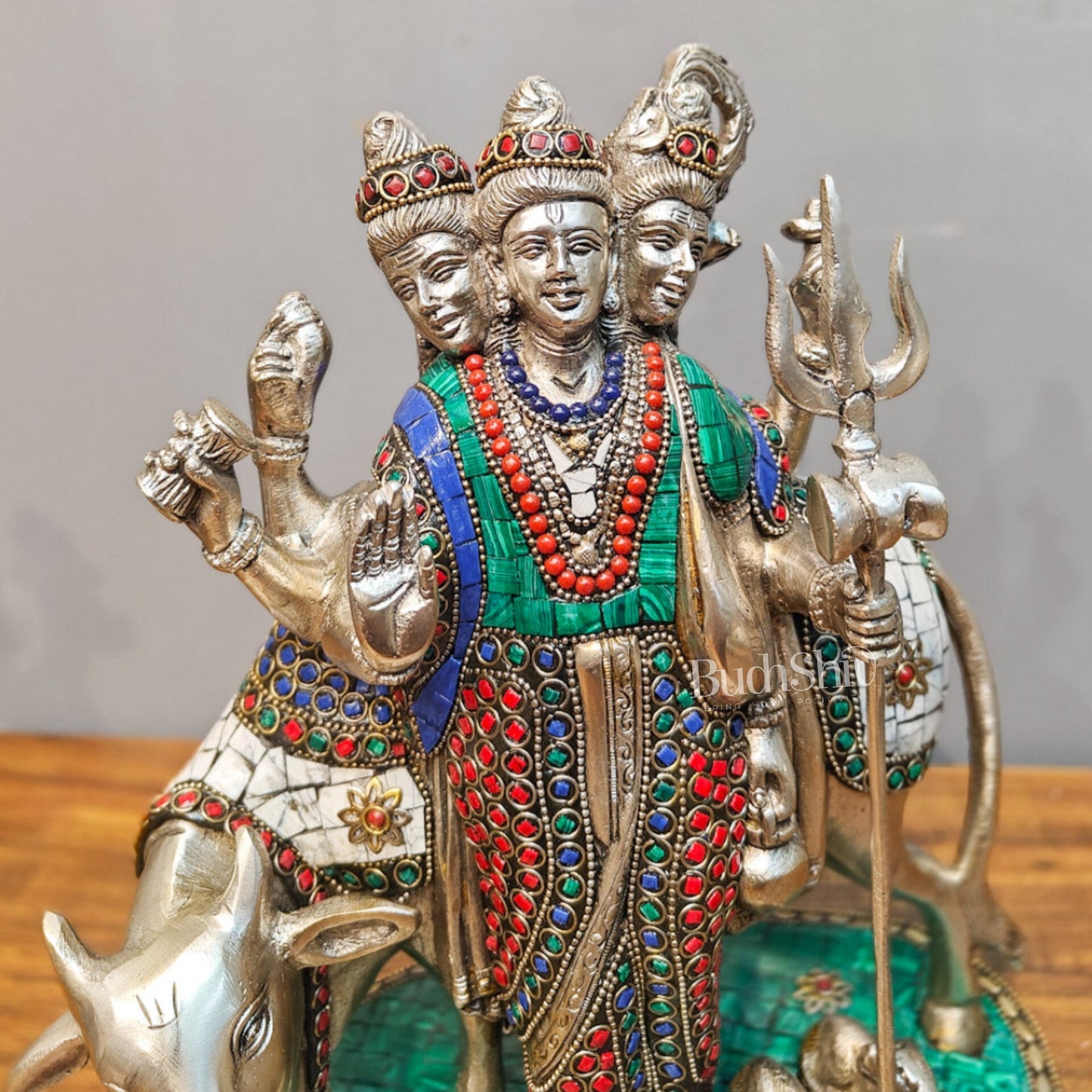 Silver plated Three faced Dattatreya guru with a cow and four dogs large sized 11 inches