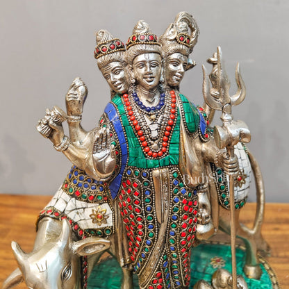 Silver plated Three faced Dattatreya guru with a cow and four dogs large sized 11 inches