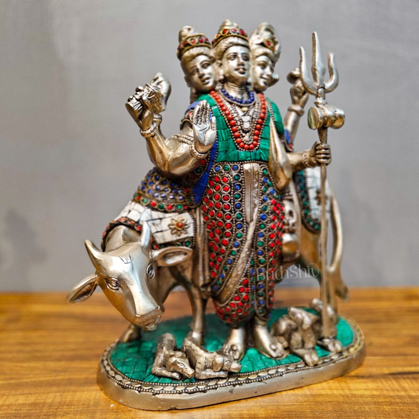 Silver plated Three faced Dattatreya guru with a cow and four dogs large sized 11 inches