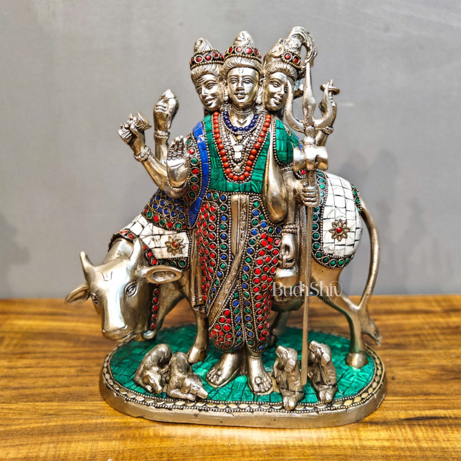 Silver plated Three faced Dattatreya guru with a cow and four dogs large sized 11 inches
