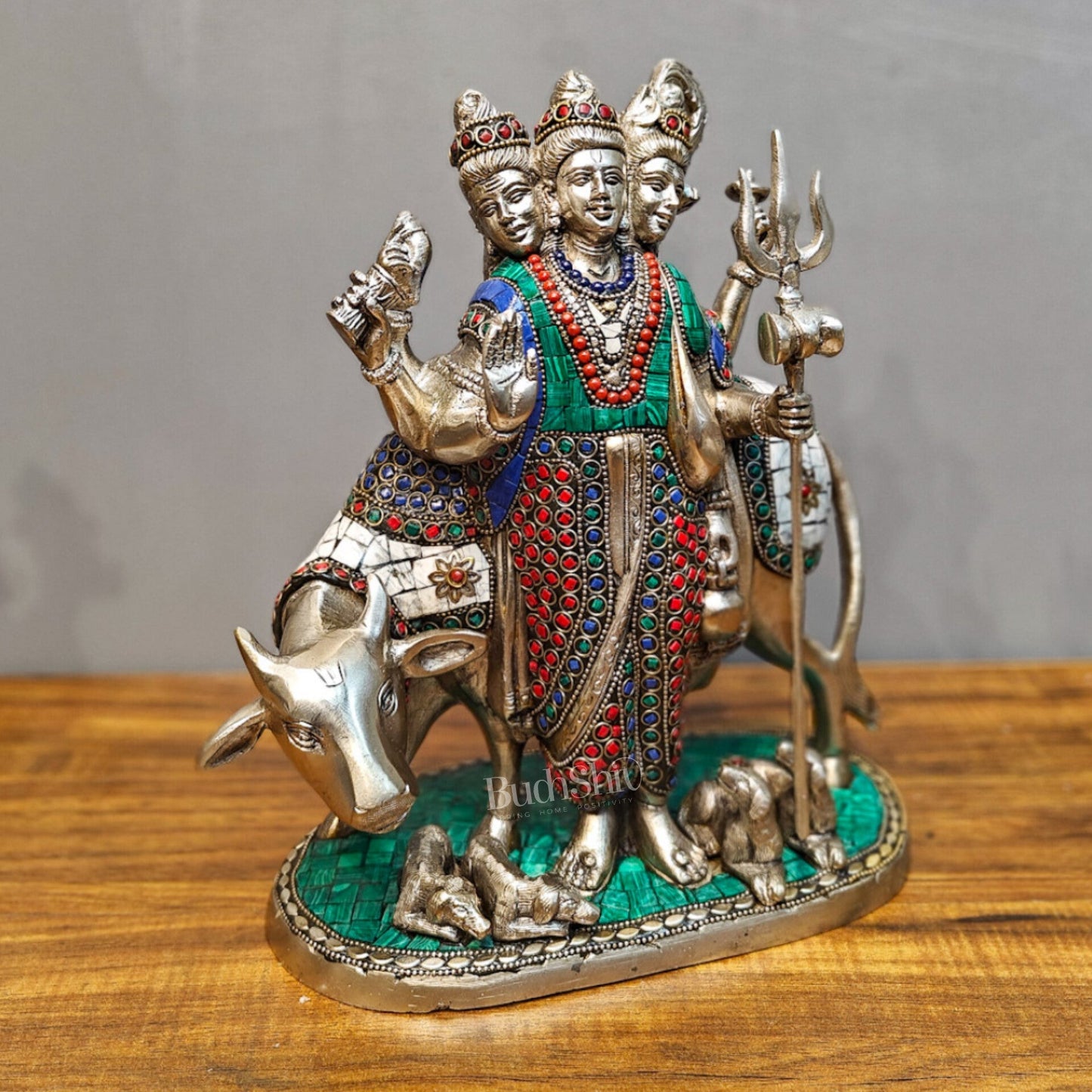 Silver plated Three faced Dattatreya guru with a cow and four dogs large sized 11 inches