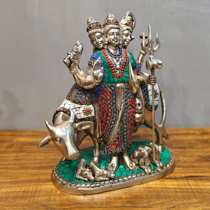 Silver plated Three faced Dattatreya guru with a cow and four dogs large sized 11 inches