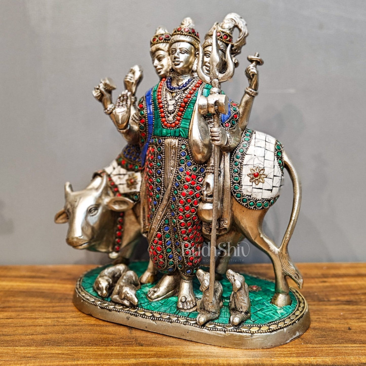 Silver plated Three faced Dattatreya guru with a cow and four dogs large sized 11 inches