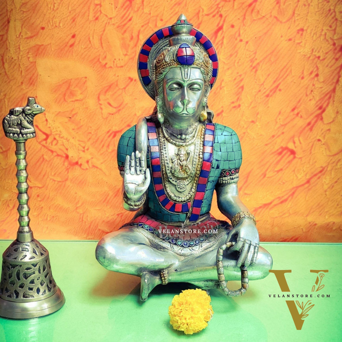 Silver Tone Hanuman Idol with Exquisite Stonework | Divine Presence | 11" Height