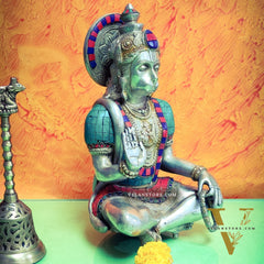 Silver Tone Hanuman Idol with Exquisite Stonework | Divine Presence | 11" Height