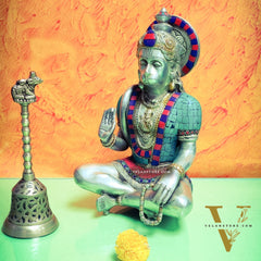 Silver Tone Hanuman Idol with Exquisite Stonework | Divine Presence | 11" Height