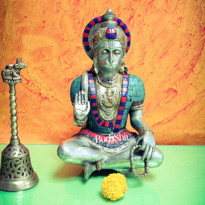 Silver Tone Hanuman Idol with Exquisite Stonework | Divine Presence | 11" Height