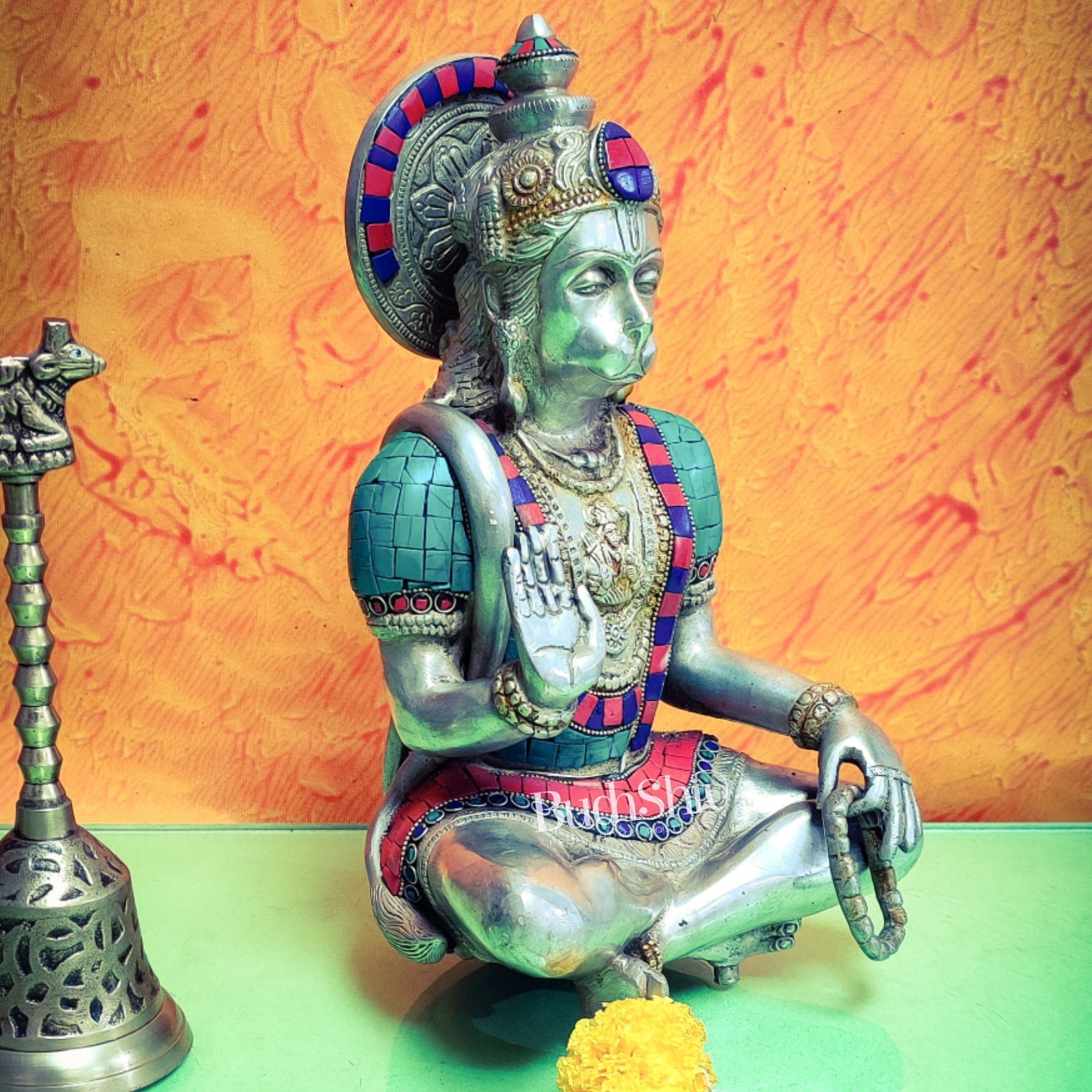 Silver Tone Hanuman Idol with Exquisite Stonework | Divine Presence | 11" Height
