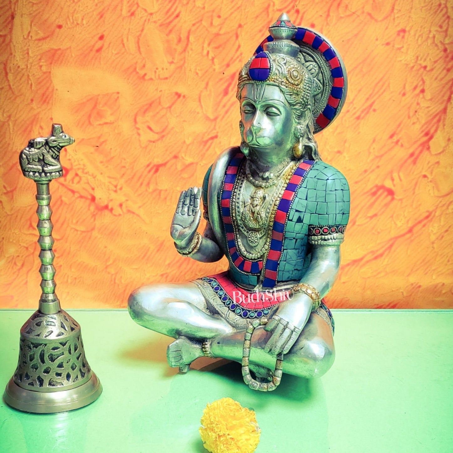 Silver Tone Hanuman Idol with Exquisite Stonework | Divine Presence | 11" Height
