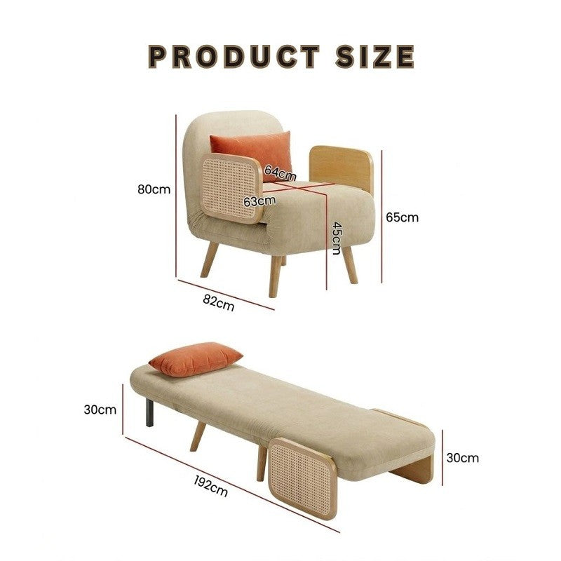 Beige Mid-Century Sleeper Sofa Cum Bed Chair – 3-in-1 Convertible Daybed Chaise Lounge