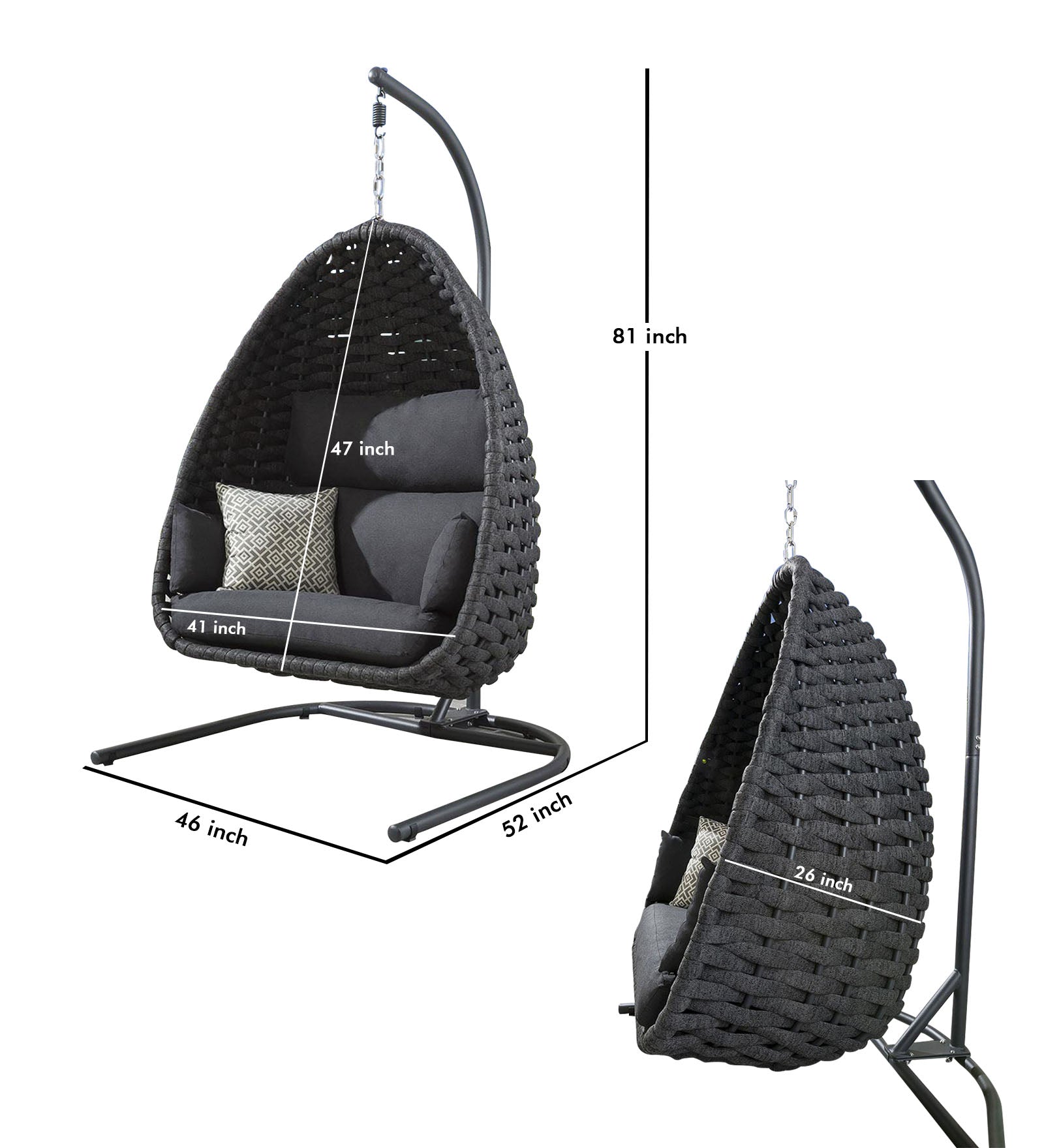 Eurig Single Seater Hanging Swing With Stand For Balcony, Garden (Grey) Braided & Rope