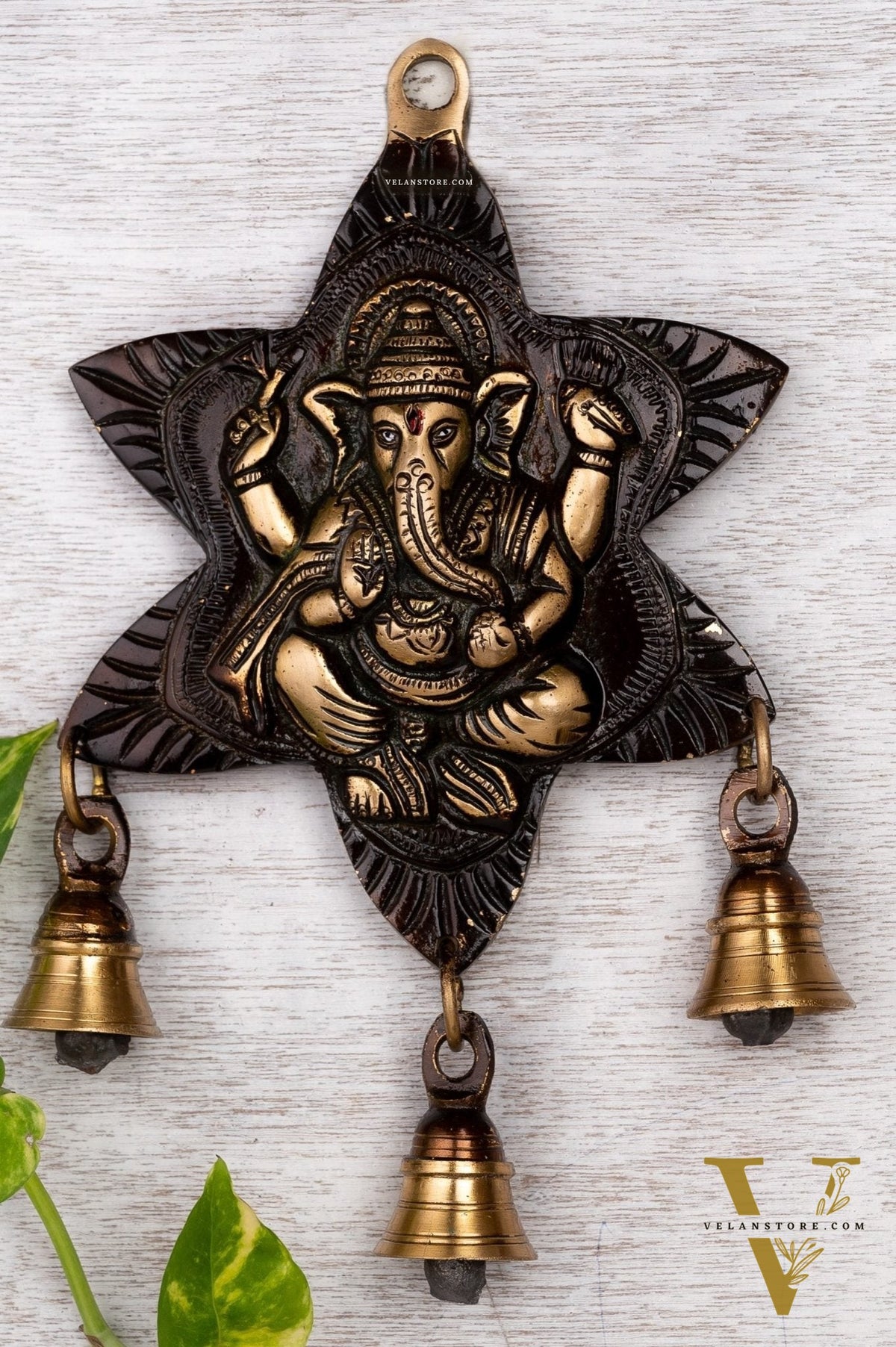 Sitting Ganesh Brass Wall Hanging Decor Easy to Hang Handmade with Bells Showpiece (Antique rustic gold)