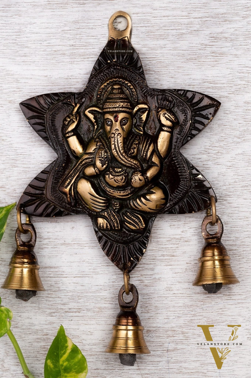 Sitting Ganesh Brass Wall Hanging Decor Easy to Hang Handmade with Bells Showpiece (Antique rustic gold)