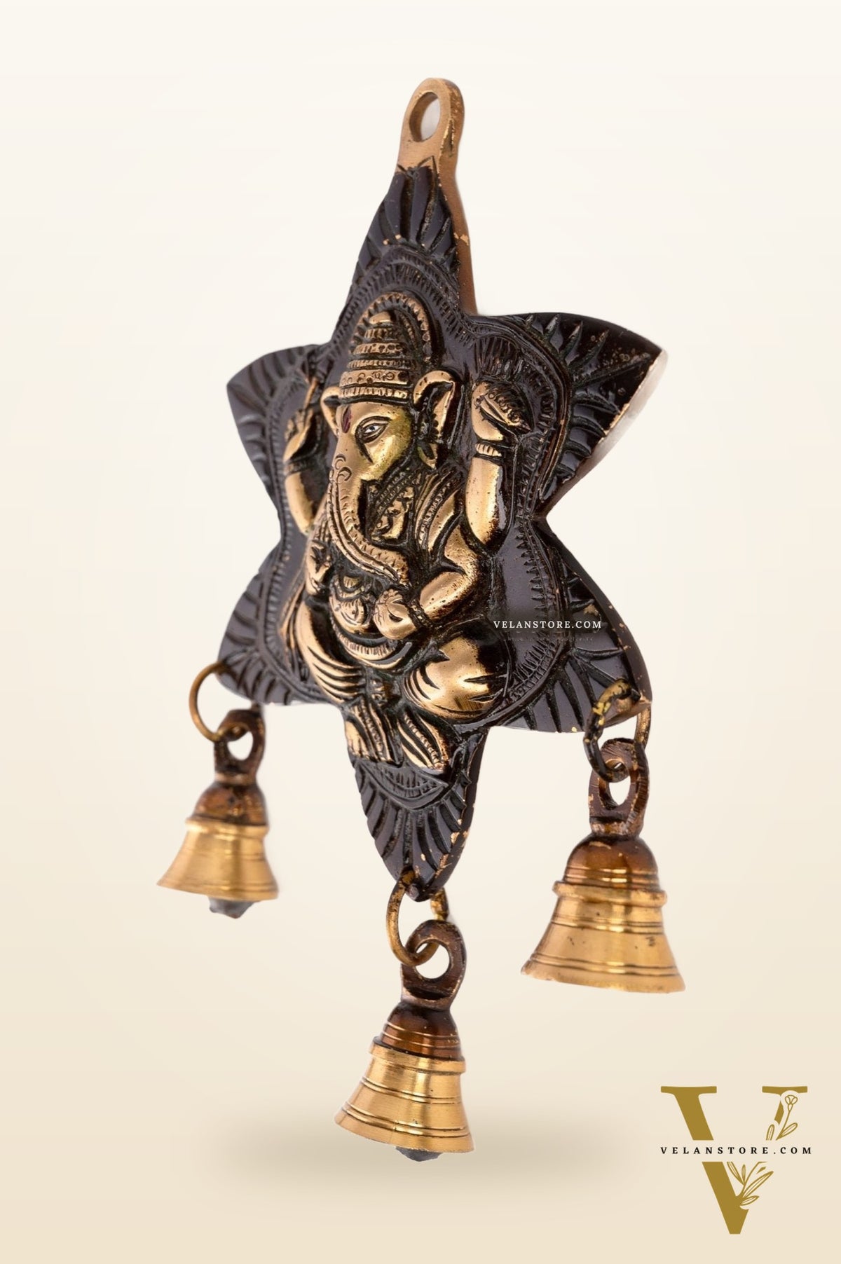 Sitting Ganesh Brass Wall Hanging Decor Easy to Hang Handmade with Bells Showpiece (Antique rustic gold)
