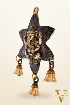 Sitting Ganesh Brass Wall Hanging Decor Easy to Hang Handmade with Bells Showpiece (Antique rustic gold)