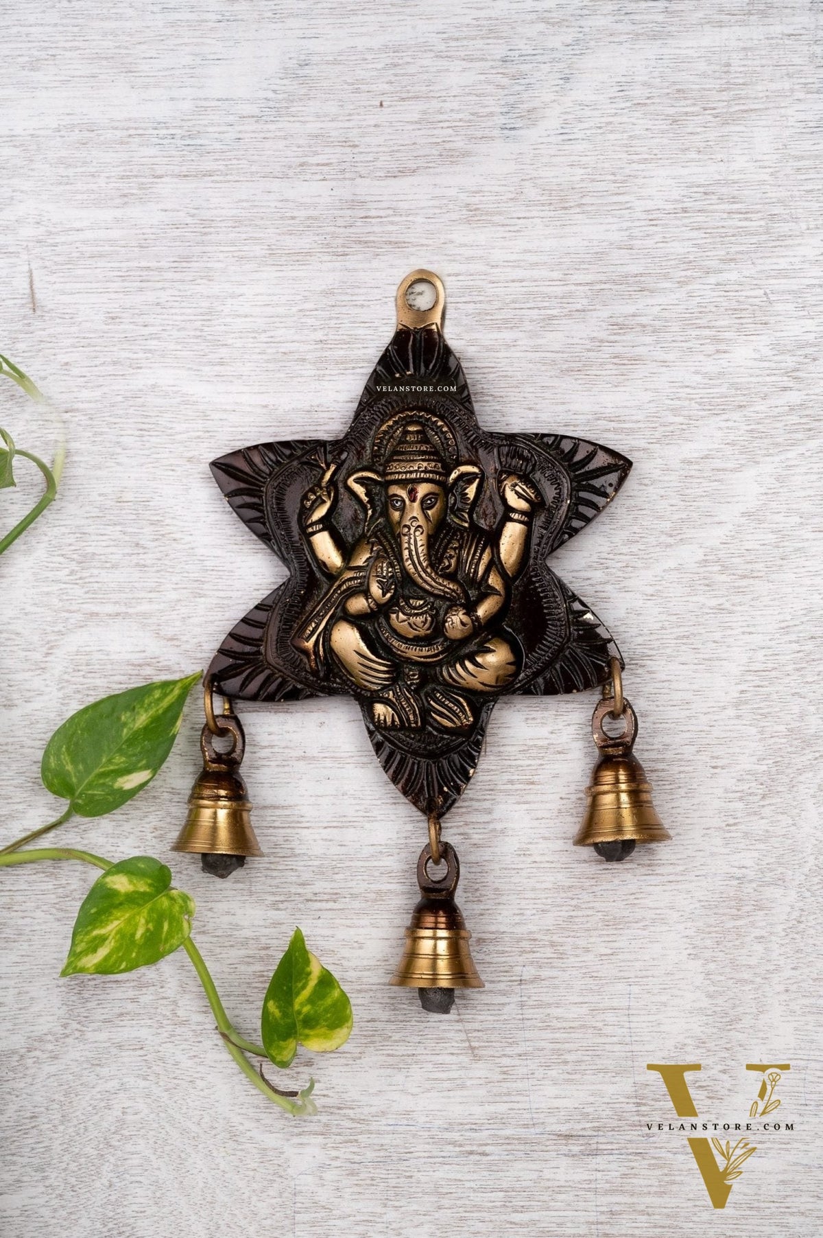 Sitting Ganesh Brass Wall Hanging Decor Easy to Hang Handmade with Bells Showpiece (Antique rustic gold)