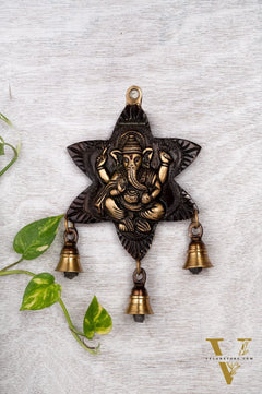 Sitting Ganesh Brass Wall Hanging Decor Easy to Hang Handmade with Bells Showpiece (Antique rustic gold)