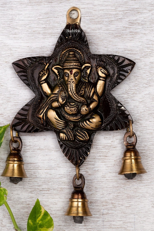 Sitting Ganesh Brass Wall Hanging Decor Easy to Hang Handmade with Bells Showpiece (Antique rustic gold)