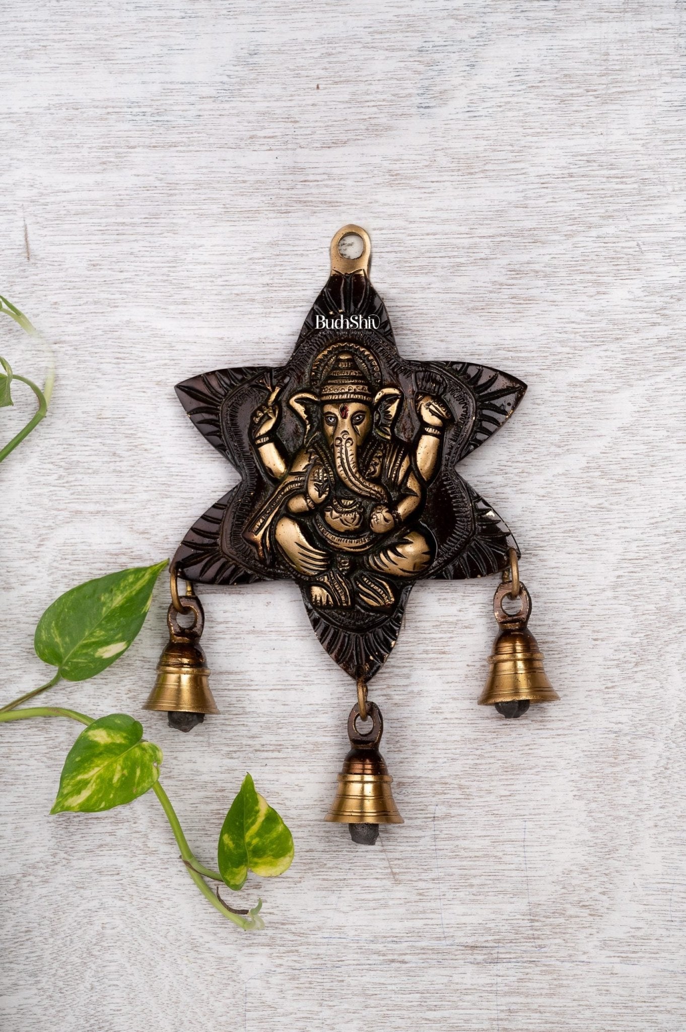 Sitting Ganesh Brass Wall Hanging Decor Easy to Hang Handmade with Bells Showpiece (Antique rustic gold)