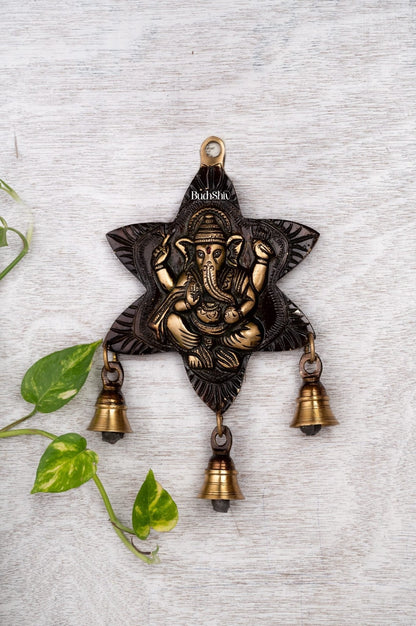 Sitting Ganesh Brass Wall Hanging Decor Easy to Hang Handmade with Bells Showpiece (Antique rustic gold)
