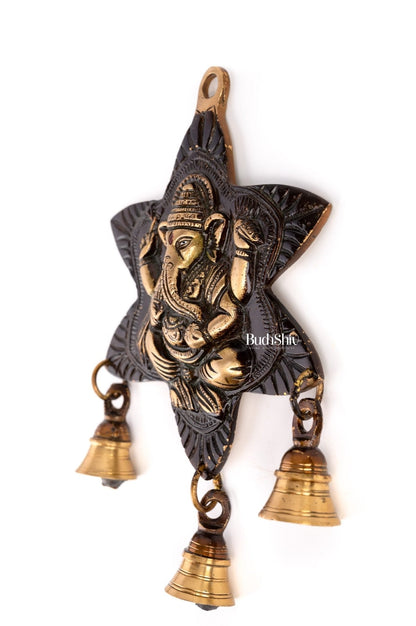 Sitting Ganesh Brass Wall Hanging Decor Easy to Hang Handmade with Bells Showpiece (Antique rustic gold)