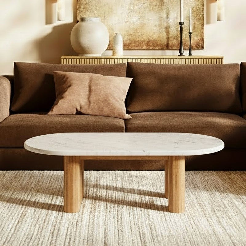 Oval Marble coffee table with Vertical Slatted Wooden Base – White Marble & Acacia Finish – 36x24 in – Modern Living Room Elegance