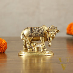 Small Brass kamdhenu Cow and Calf Idol 3"