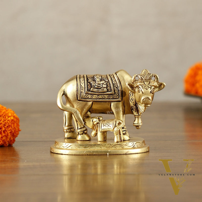 Small Brass kamdhenu Cow and Calf Idol 3"