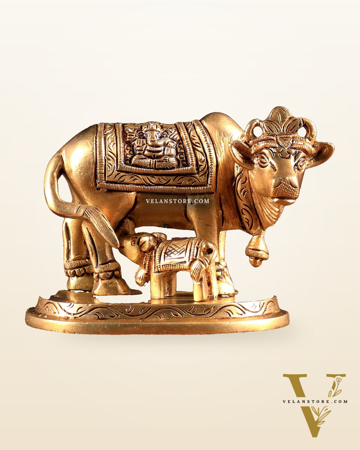 Small Brass kamdhenu Cow with Calf Idol 3"