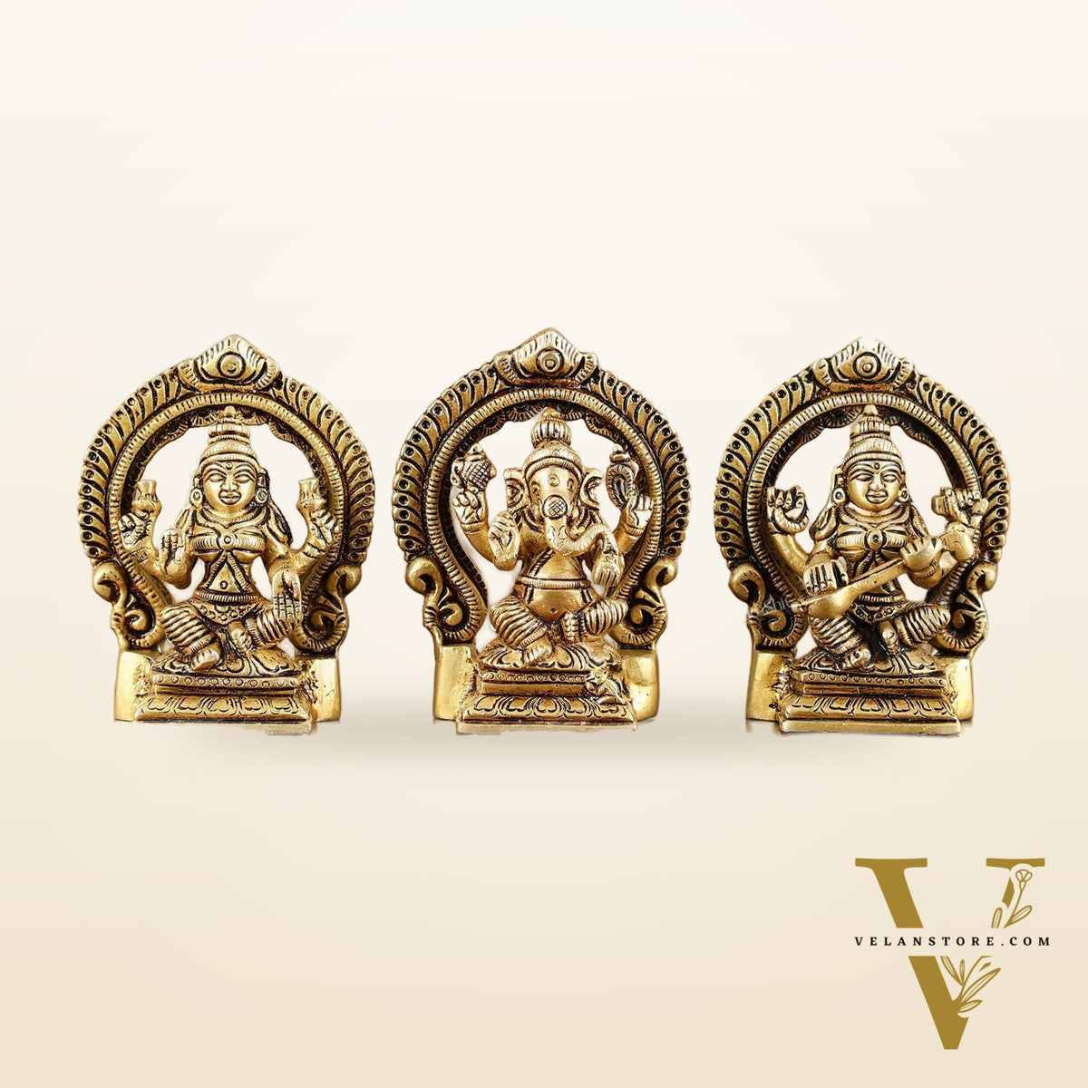 Small Pure Brass Ganesha Lakshmi Saraswati Idols with Prabhavali - 3 Inch